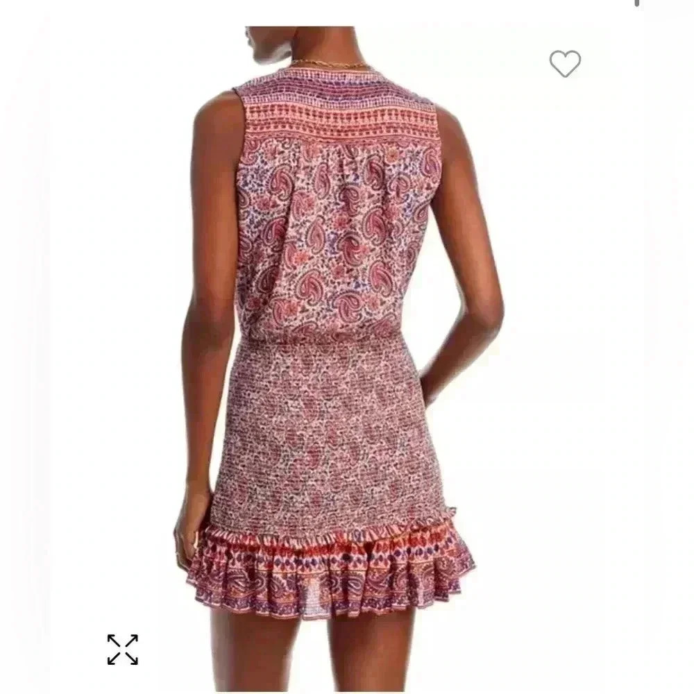 Veronica Beard Floral Paisley Cox Mini Dress Red Blue Large Smocked V-Neck Ruffl - Picture 2 of 6